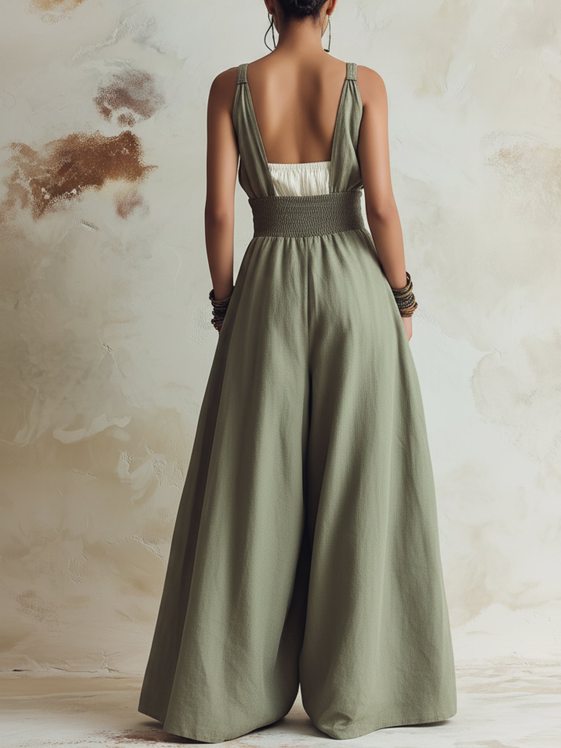 Olive Green Smocked Waist Wide-Leg Linen Jumpsuit With Pockets