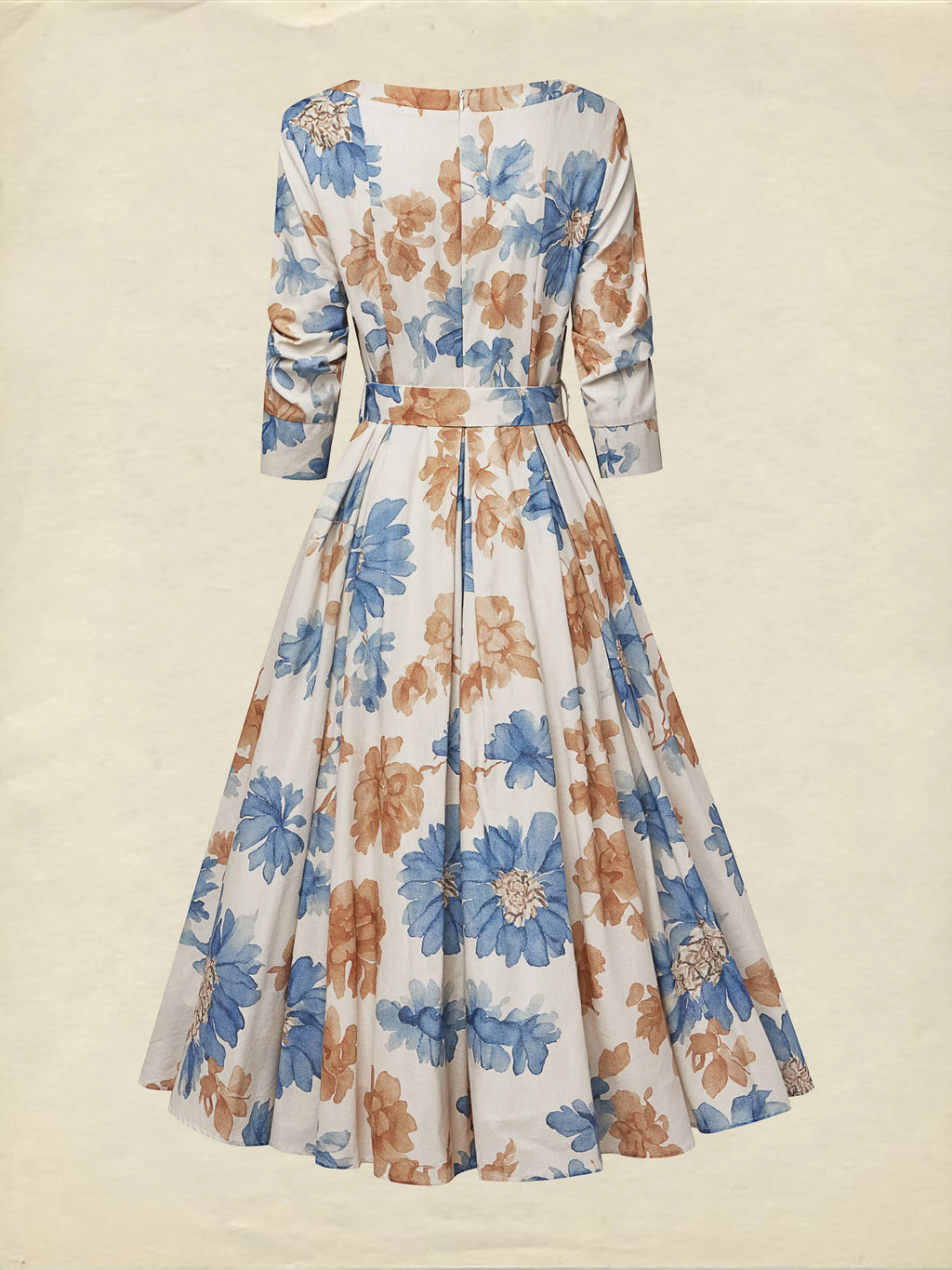 Midi Cotton Dress, Half Sleeve, Round Neck, Floral, Belt Design, Vintage, Khaki