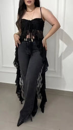 Sheer Lace Fringe Tie Front Maxi Cover Up Top