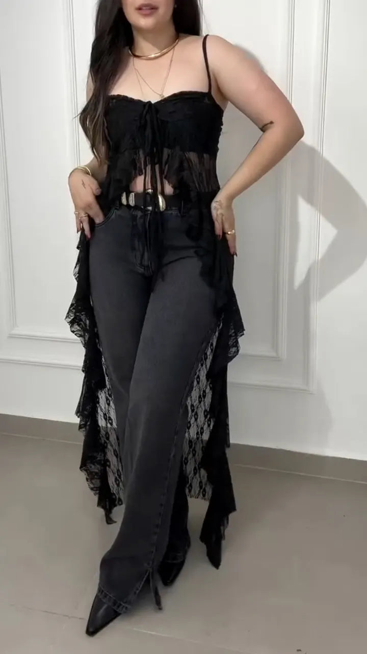 Sheer Lace Fringe Tie Front Maxi Cover Up Top
