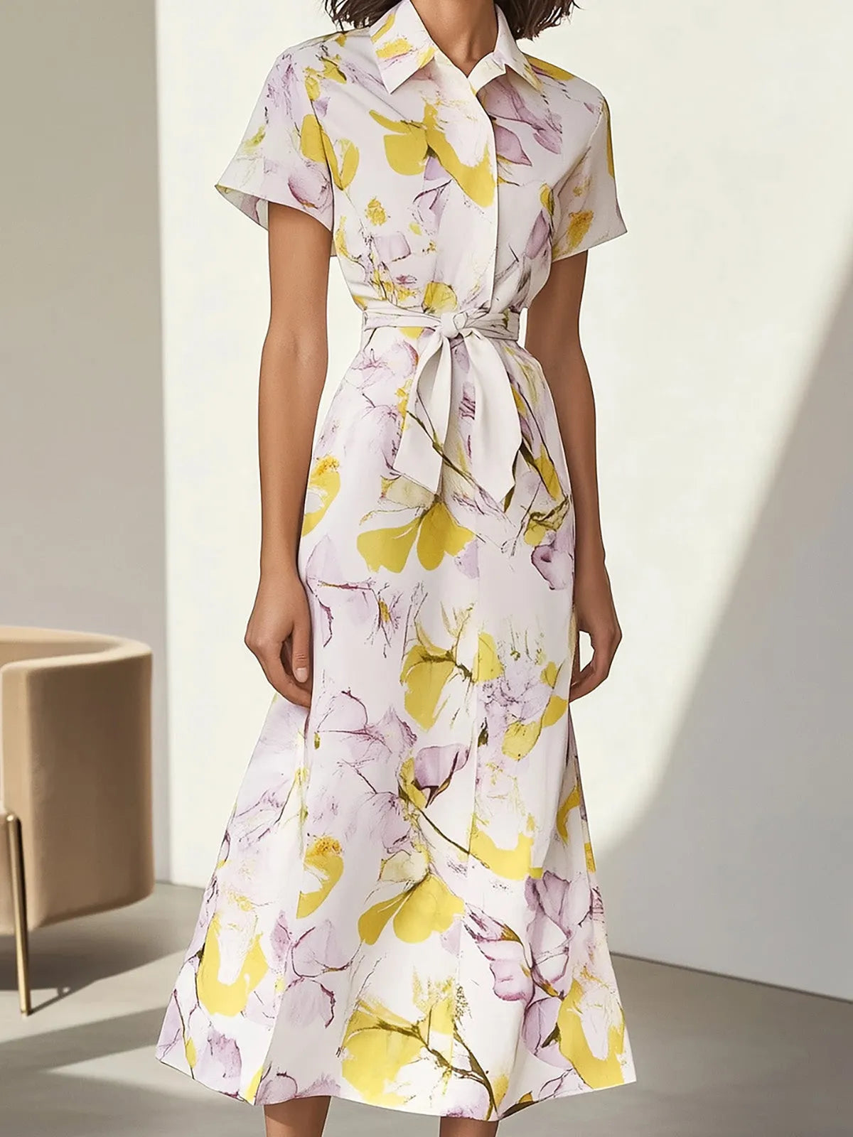 Floral Print Cotton-Blend Short-Sleeve Dress with Waist Tie