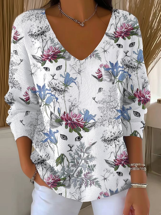 Women's Floral Cat Print Long Sleeve Top