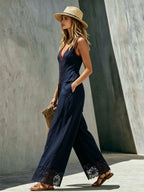 Color-blocked V-neck Cotton And Linen Patchwork Lace Sleeveless Jumpsuit