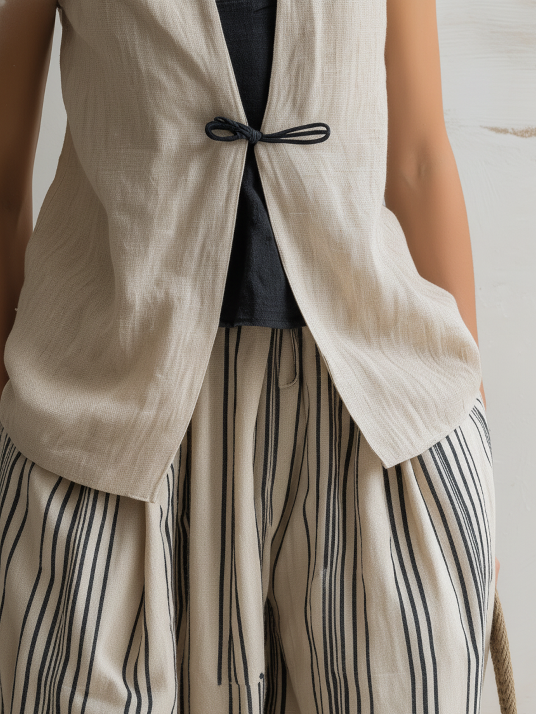 Linen Vest & Striped Harem Pants Two-Piece Casual Set (Inner Top Not Included)
