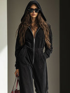 [24-hour shipping out]Casual Loose Vintage Denim Elastic Waist Zipper Hooded Jumpsuit