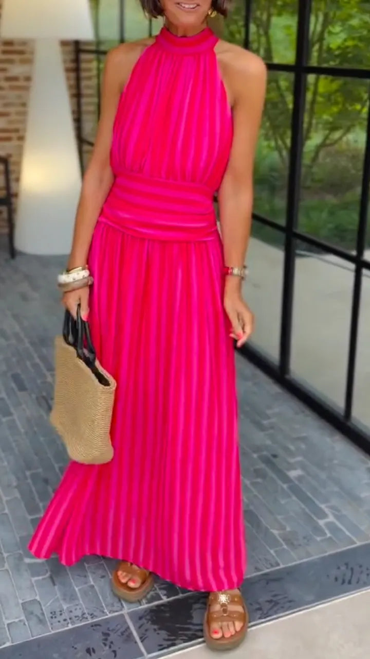 Striped Halter Pleated Maxi Dress