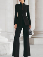 Sophisticated  High-Collar Blazer & Wide-Leg Trousers Set
