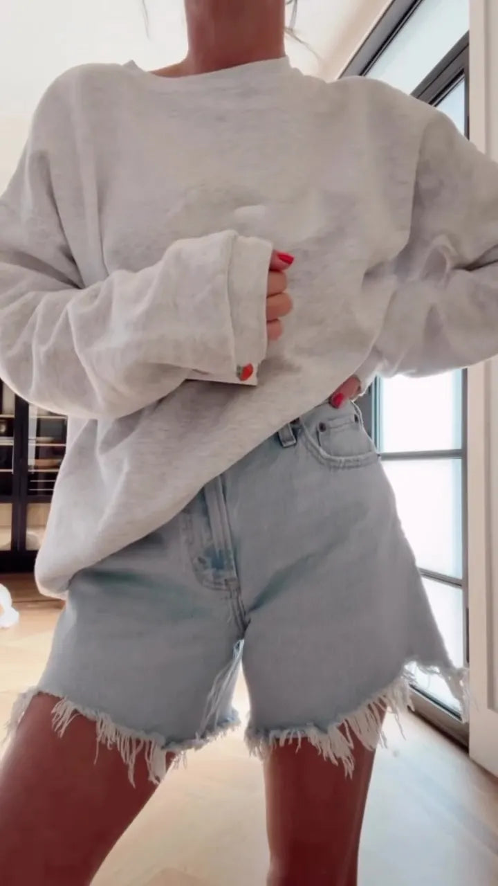 Light Gray Cropped Sweatshirt & Frayed Denim Shorts