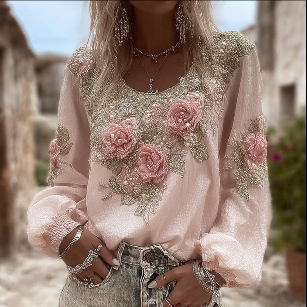 Women's Soft Rose Vintage Pink Round Neck Cotton And Linen Top