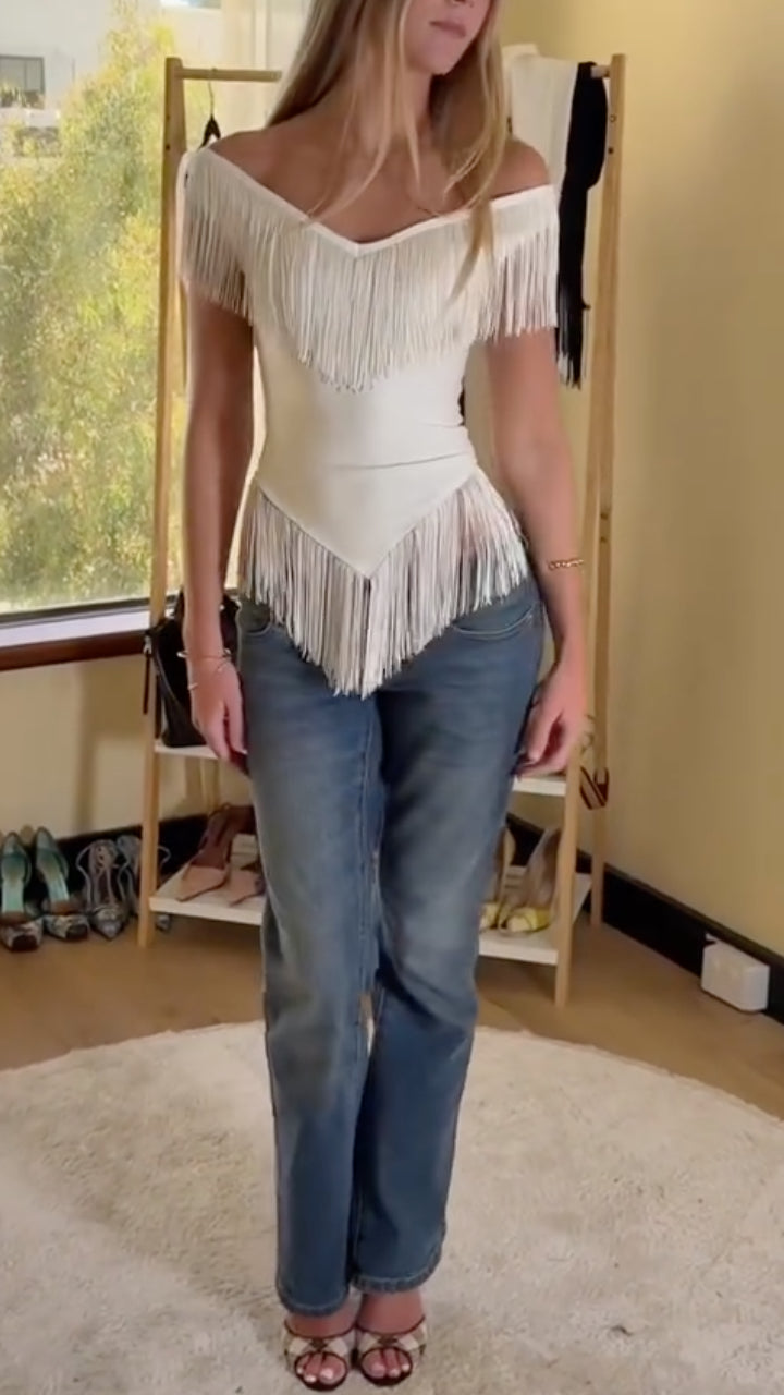 White Off Shoulder Double Fringe Fitted Top