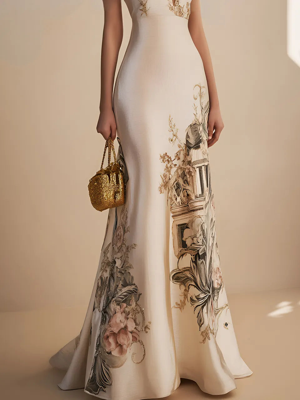 Beige Floral Satin Deep V Neck Short Sleeve Mermaid Gown Dress