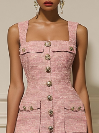 Pink Buckle Pocket Stitching Tweed Spaghetti Sleeveless Sheath Midi Dress