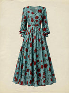 Maxi Linen Dress, Long Sleeves, V Neck, Floral, Belt Design, Vintage, Green