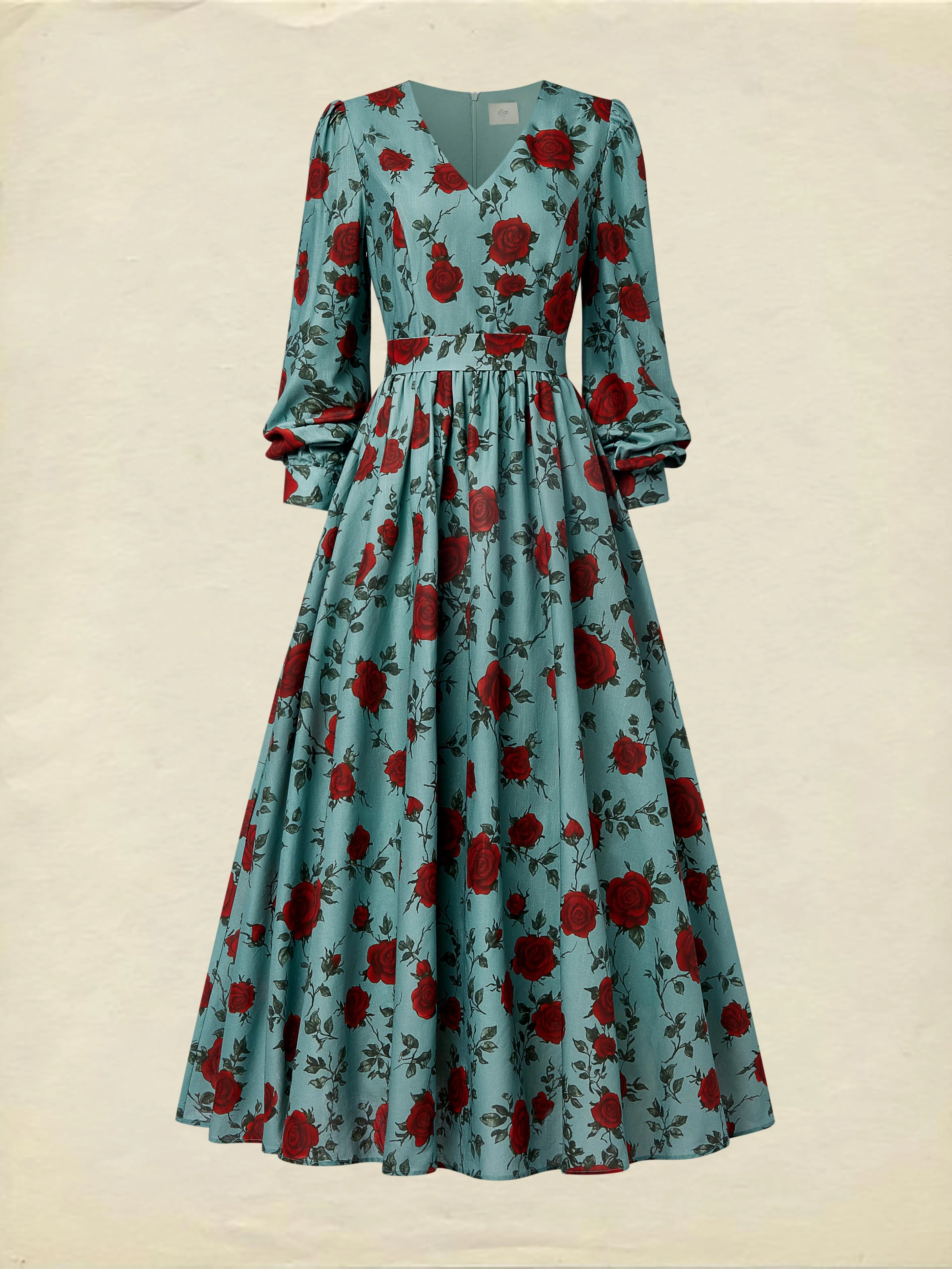 Maxi Linen Dress, Long Sleeves, V Neck, Floral, Belt Design, Vintage, Green