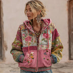 Women's Vintage Floral Embroidery Patchwork Art Zipper Hoodie