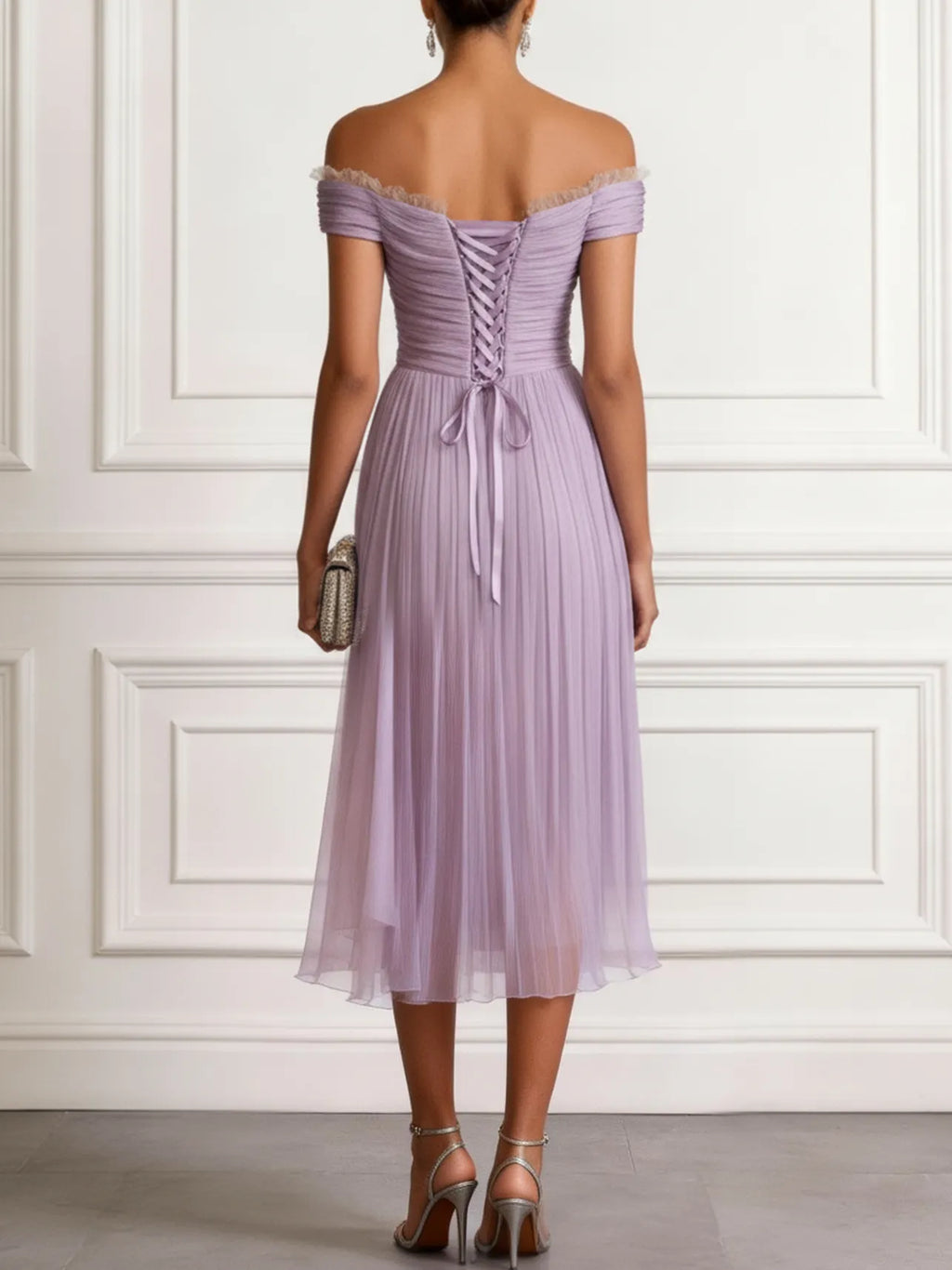 Lavender Ruched Lace Chiffon Off The Shoulder Short Sleeve A-Line Midi Dress