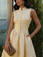 Midi Linen Dress, Sleeveless, Stand Collar, Plain, Button Design, French Vintage, Beige