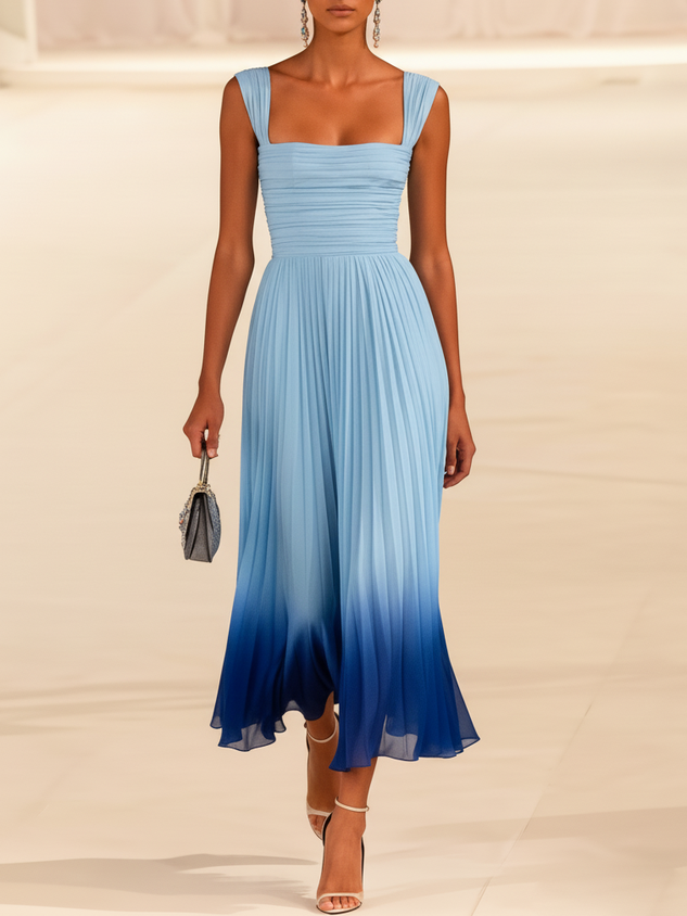 Light Blue Ombre Pleated Chiffon Square Neck Sleeveless A-Line Midi Dress