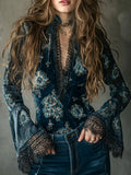 Retro Blue Floral  Velvet Lace Blouse With Bell Sleeves