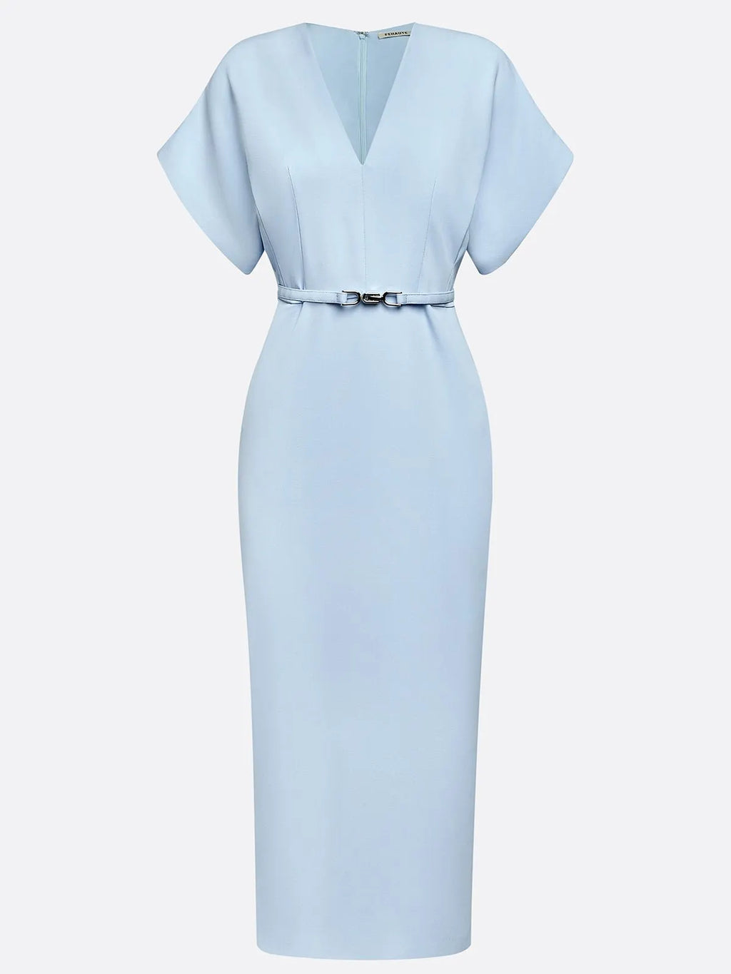 Light Blue Slit Classic V Neck Short Sleeve Dolman Sleeve Sheath Midi Dress With Belt