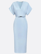 Light Blue Slit Classic V Neck Short Sleeve Dolman Sleeve Sheath Midi Dress With Belt