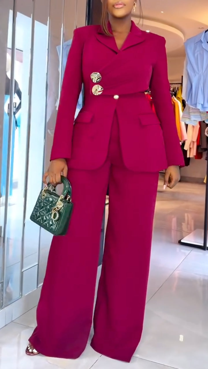 Wrap Detail Blazer & Wide Leg Pant Suit Set