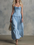 Casual Retro Blue Striped Sleeveless Loose-Fit Ruffled Cotton Maxi Dress