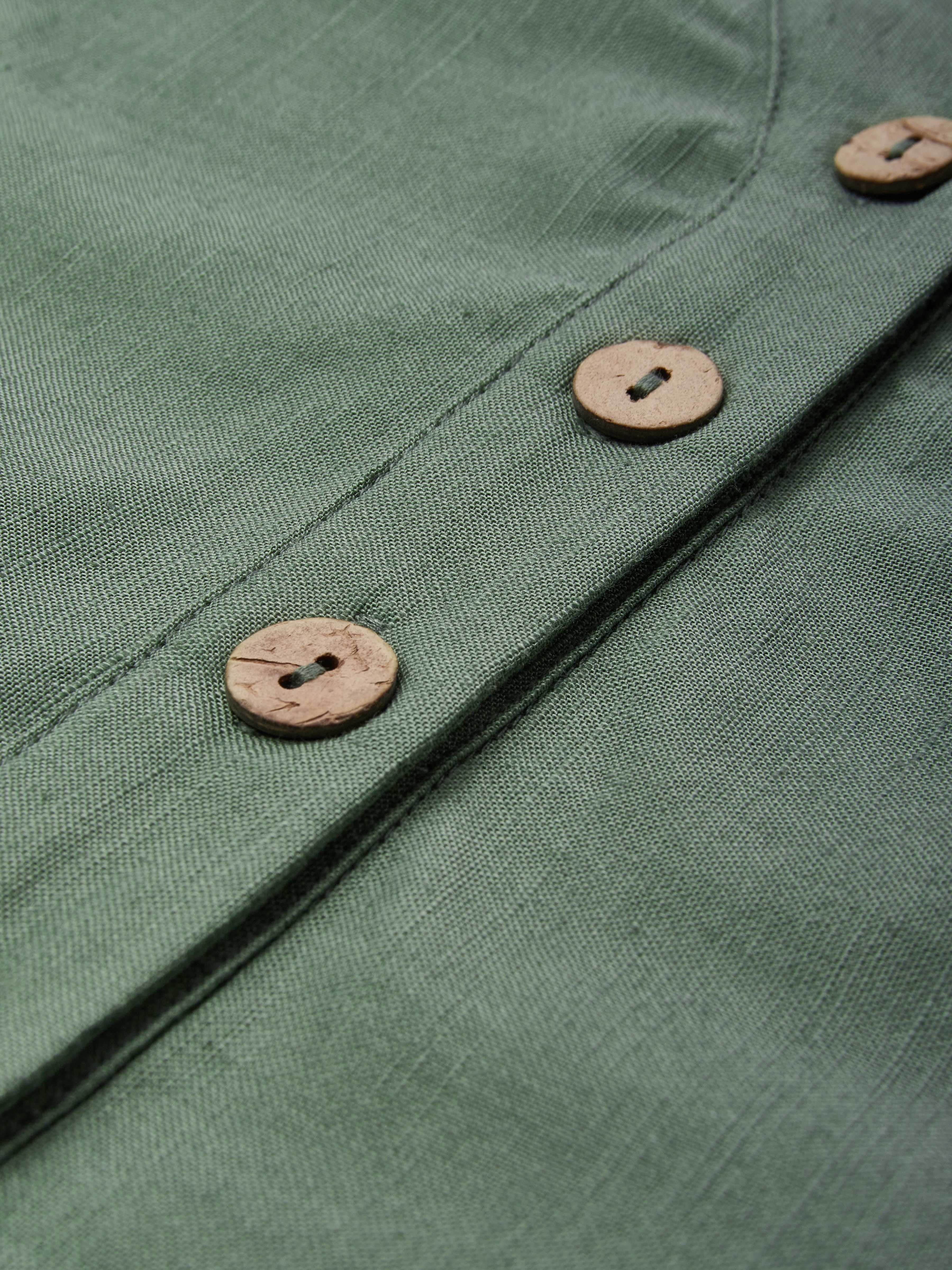 Midi Cotton Dress, Casual, Plain, Pocket Stitching, Half Open Collar, Half Sleeve, Vintage, Green