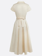 Apricot Embroidery Floral Classic Bow Collar Cap Sleeve A-Line Midi Dress