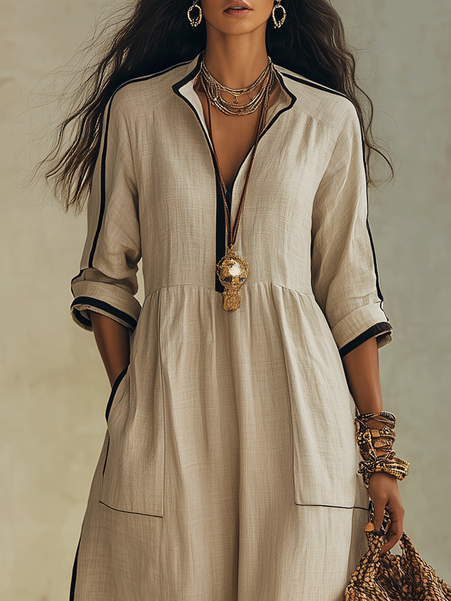 Chic Contrast Trim Boho Maxi Shirt Maxi Dress