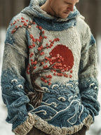 Japanese Red Sun & Ocean Art Men's Knit Hooded Sweater