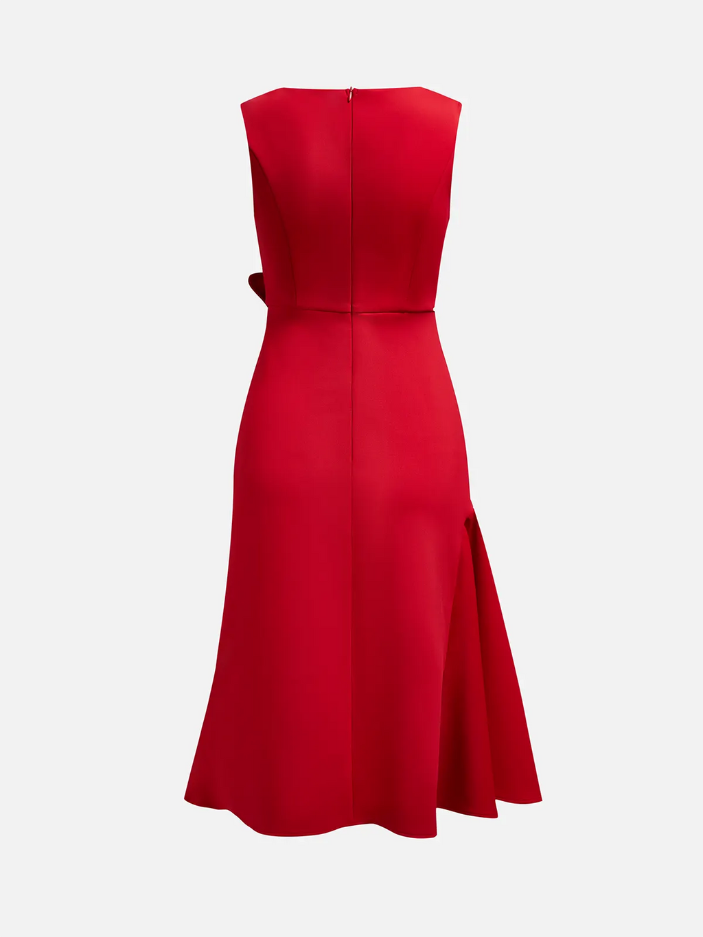 Red Sleeveless Midi Dress Elegant Ruched Waist & Flounce Hem for Weddings and Parties