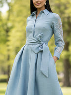 Maxi Linen Dress, Long Sleeves, Shawl Collar, Plain, Belt Design, Vintage, Blue