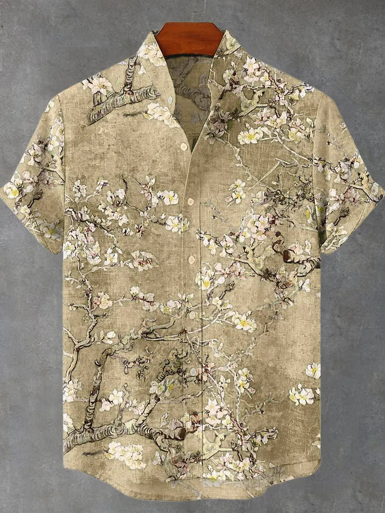 Vintage White Art Florets Print Casual Cotton Shirt