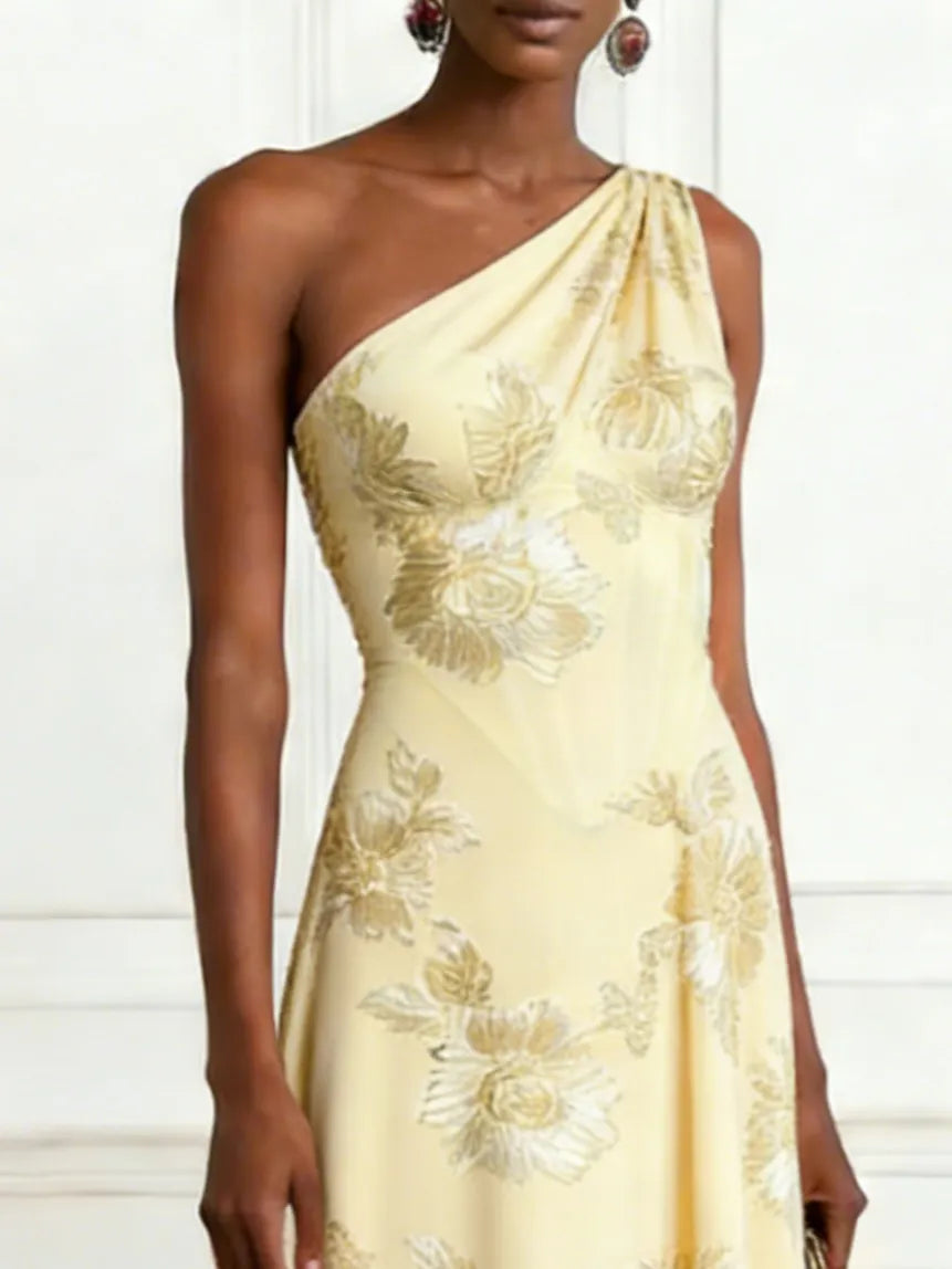 Yellow Jacquard Classic One Shoulder Sleeveless A-Line Maxi Dress