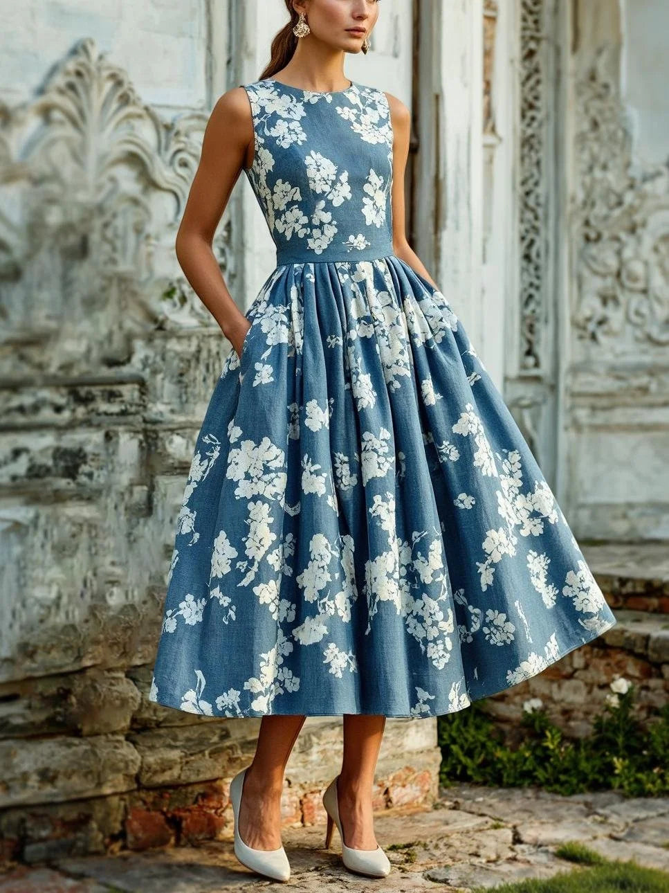 (SIZE:XS-XXL) Midi Linen Dress, Sleeveless,  Linen Blend, Floral, Renaissance
