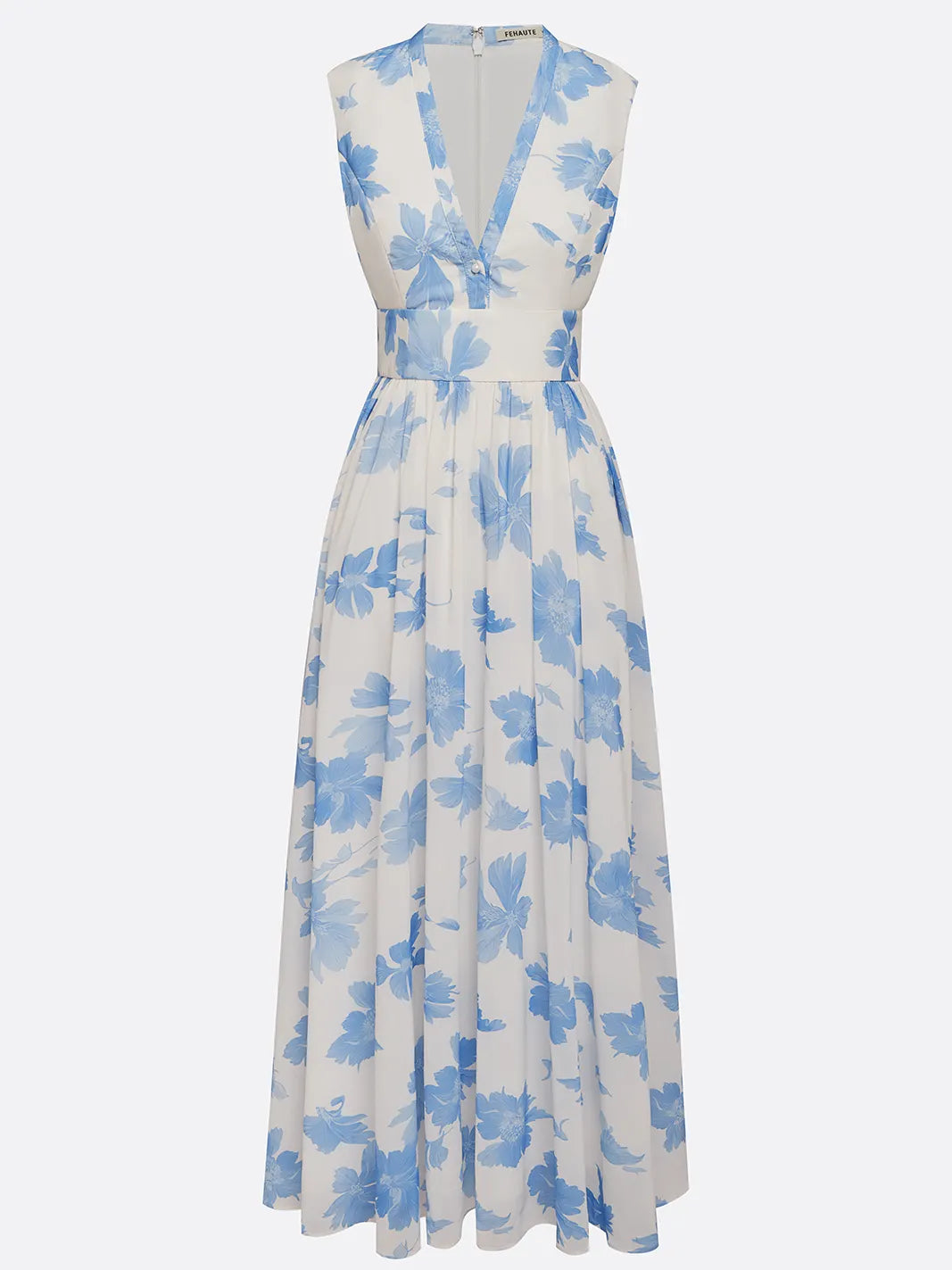 Light Blue Floral Chiffon V Neck Sleeveless A-Line Maxi Dress