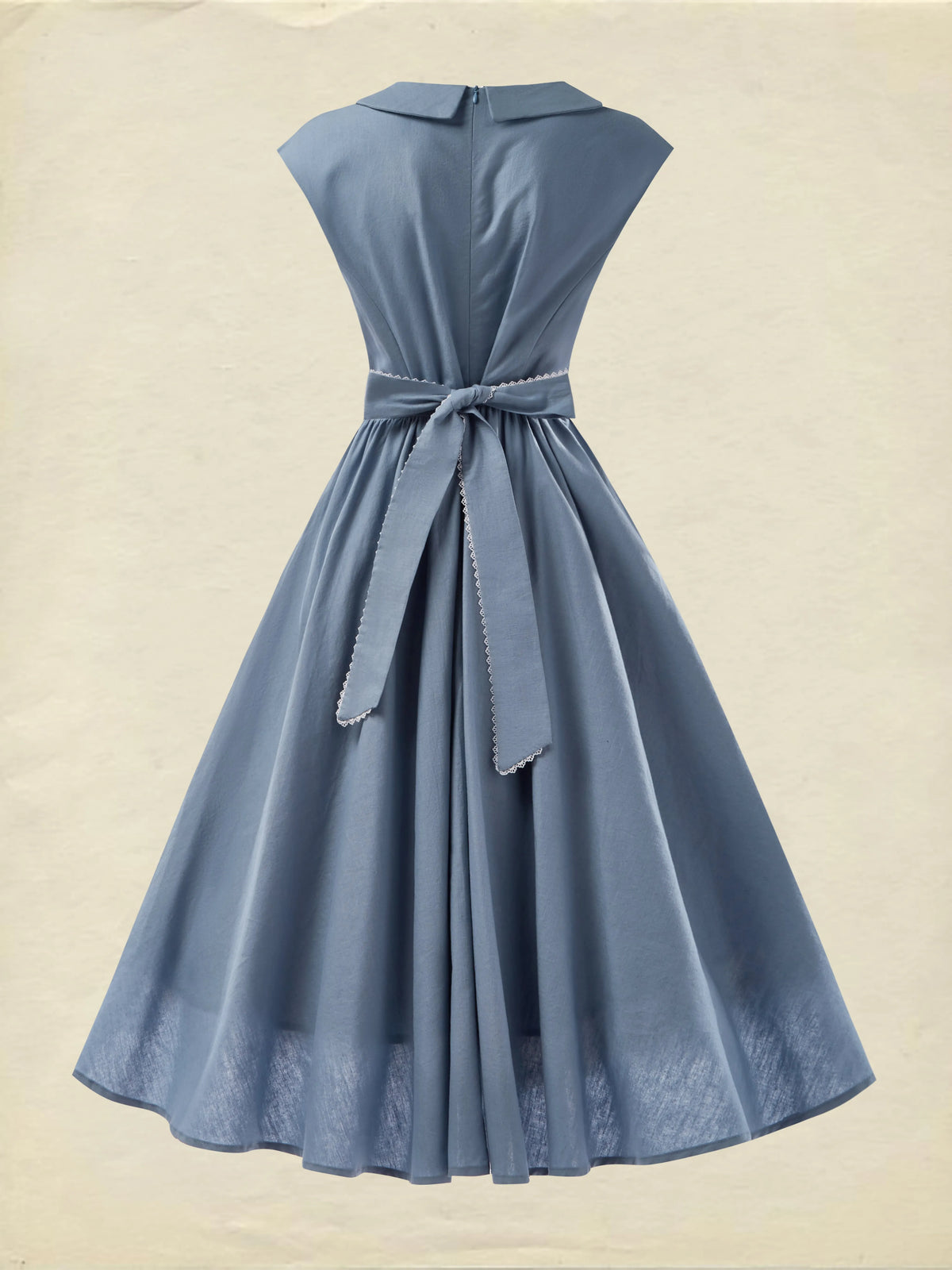 Linen Midi Dress, Sleeveless, Crew Neck, Plain, Vintage, Blue