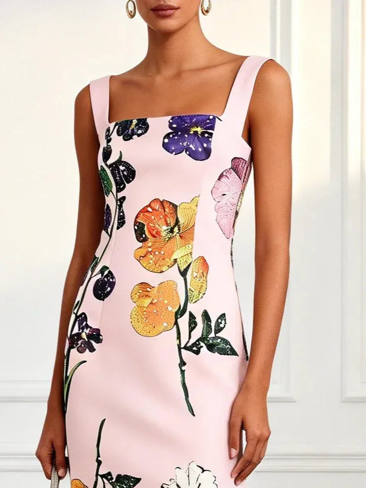 Pink Floral Classic Square Neck Sleeveless Sheath Midi Dress