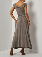 Khaki Lyocell Wool Ruched Knit Versatile One Shoulder/ Off-the-Shoulder Sleeveless A-Line Maxi Dress
