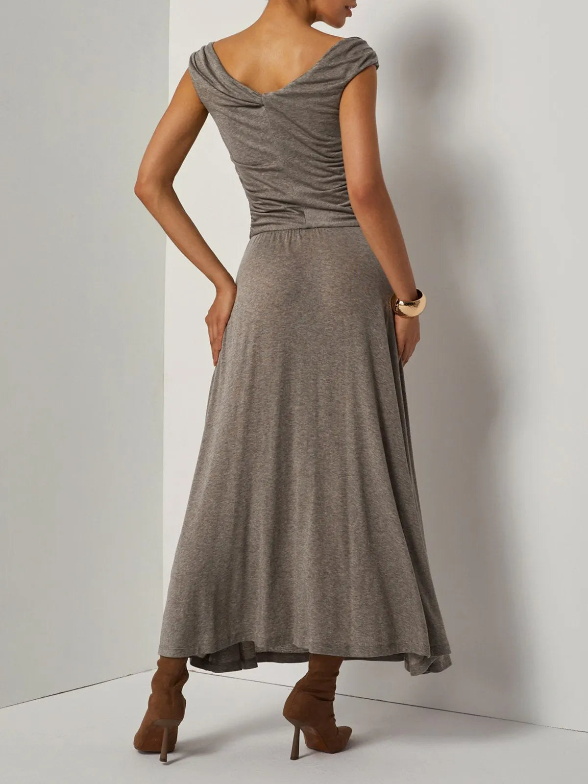 Khaki Lyocell Wool Ruched Knit Versatile One Shoulder/ Off-the-Shoulder Sleeveless A-Line Maxi Dress