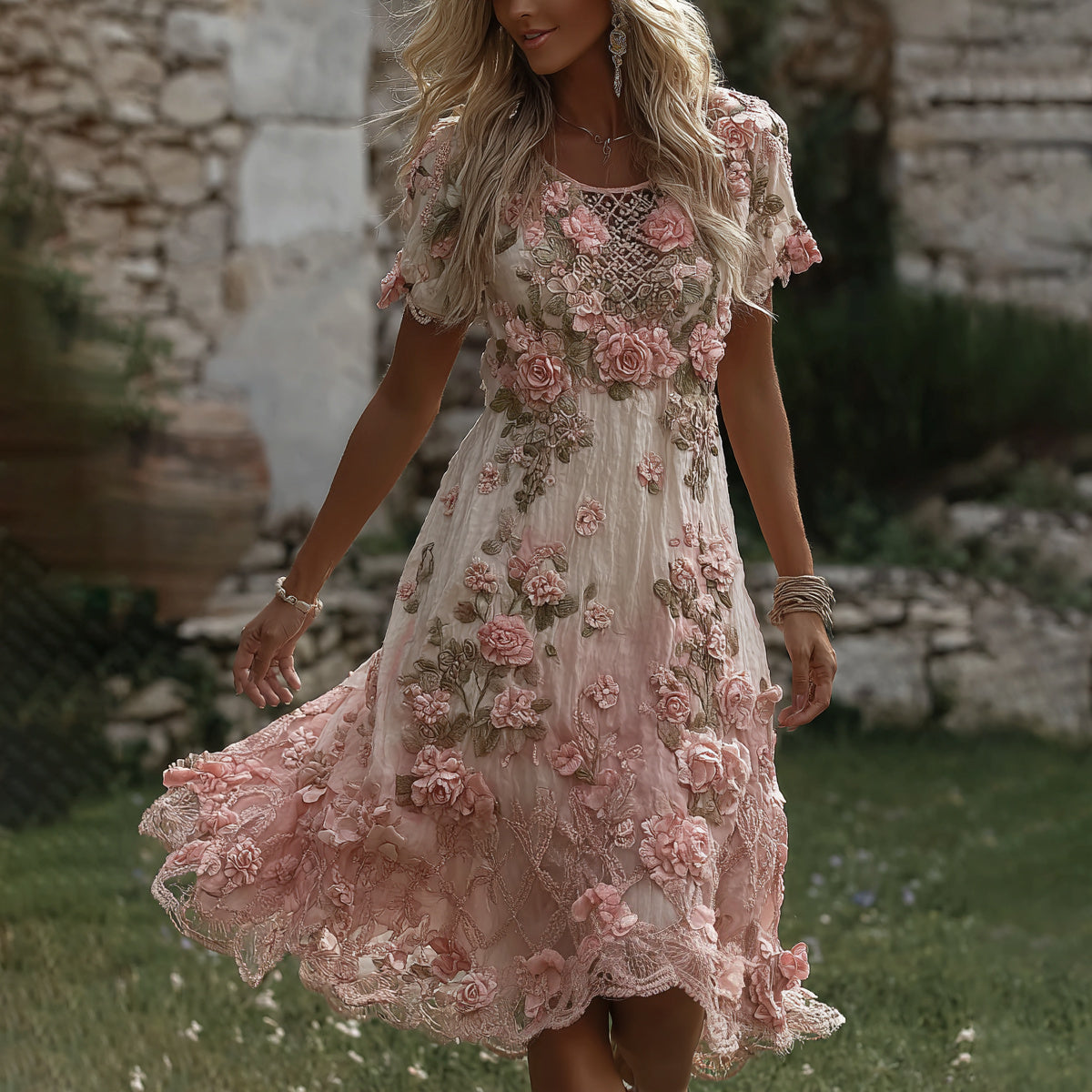 Women's Vintage Boho Floral Art Flowy Linen Blend Casual Short Sleeve Maxi Dress