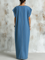 Loose Fit Blue Denim Maxi Dress With Contrast Stitching