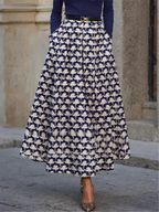 Maxi Cotton Skirt, Animal, Swan Print, Pocket Design, Vintage, Purplish Blue
