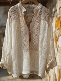 Bohemian Style Women's Vacation Casual Lace Cotton Linen V-neck Top