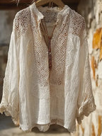 Bohemian Style Women's Vacation Casual Lace Cotton Linen V-neck Top