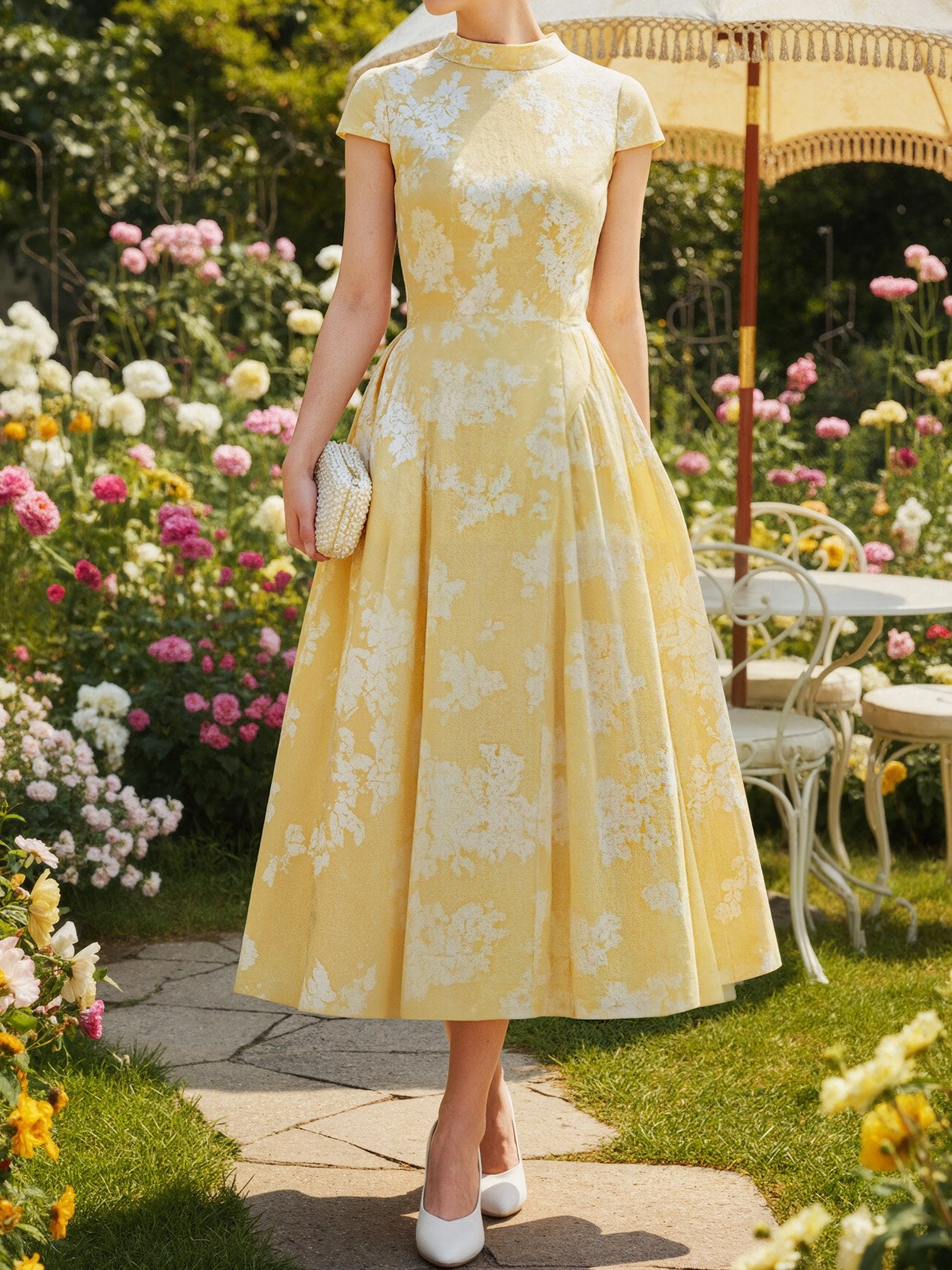 Midi Cotton Dress, Short Sleeves, Floral, French Vintage, Yellow