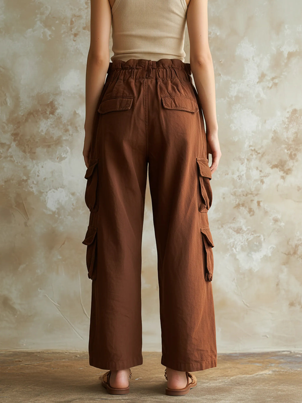 Brown High Waist Wide Leg Cargo Pants