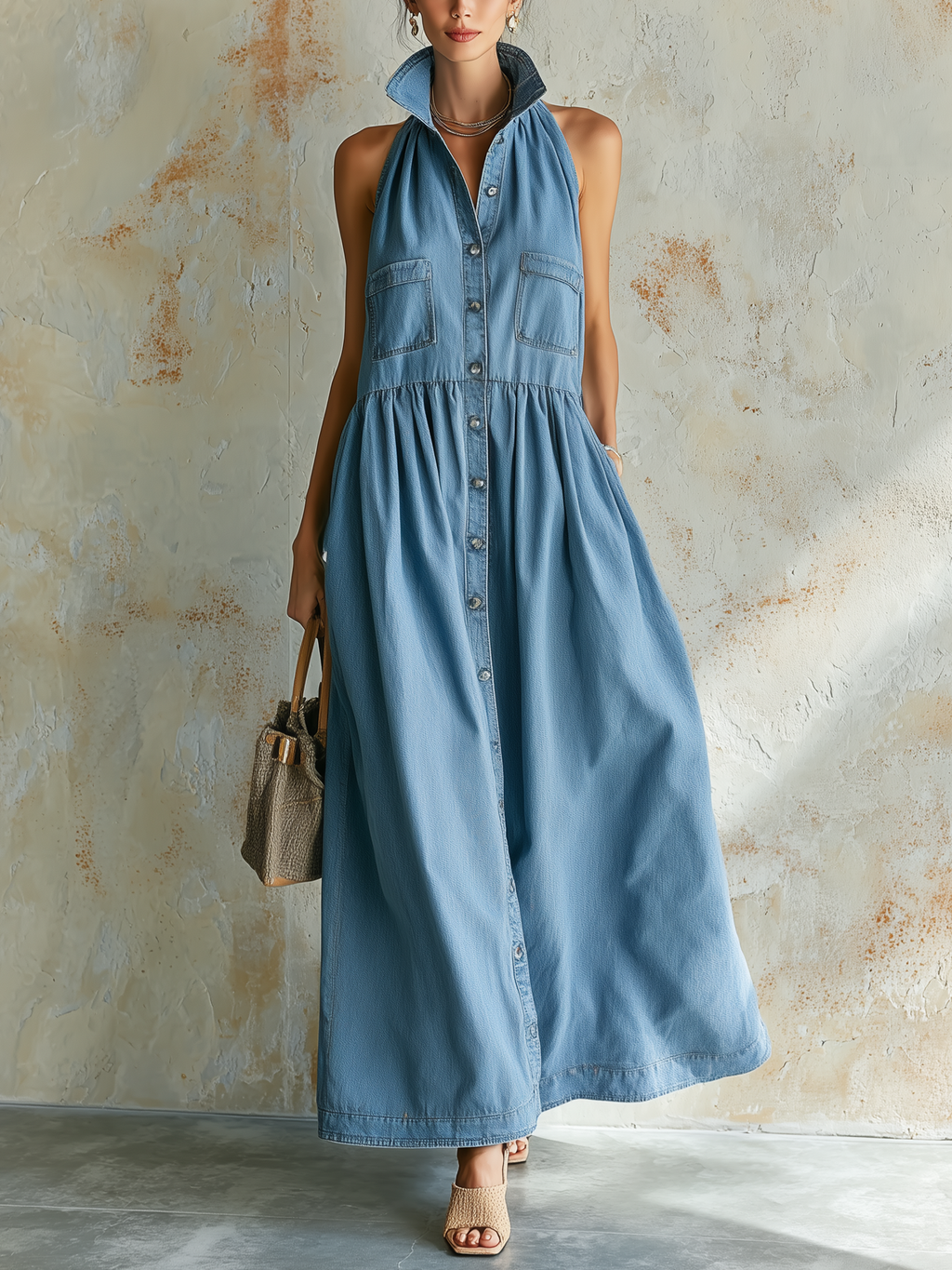 Light Blue Denim Sleeveless Button-Down Maxi Dress