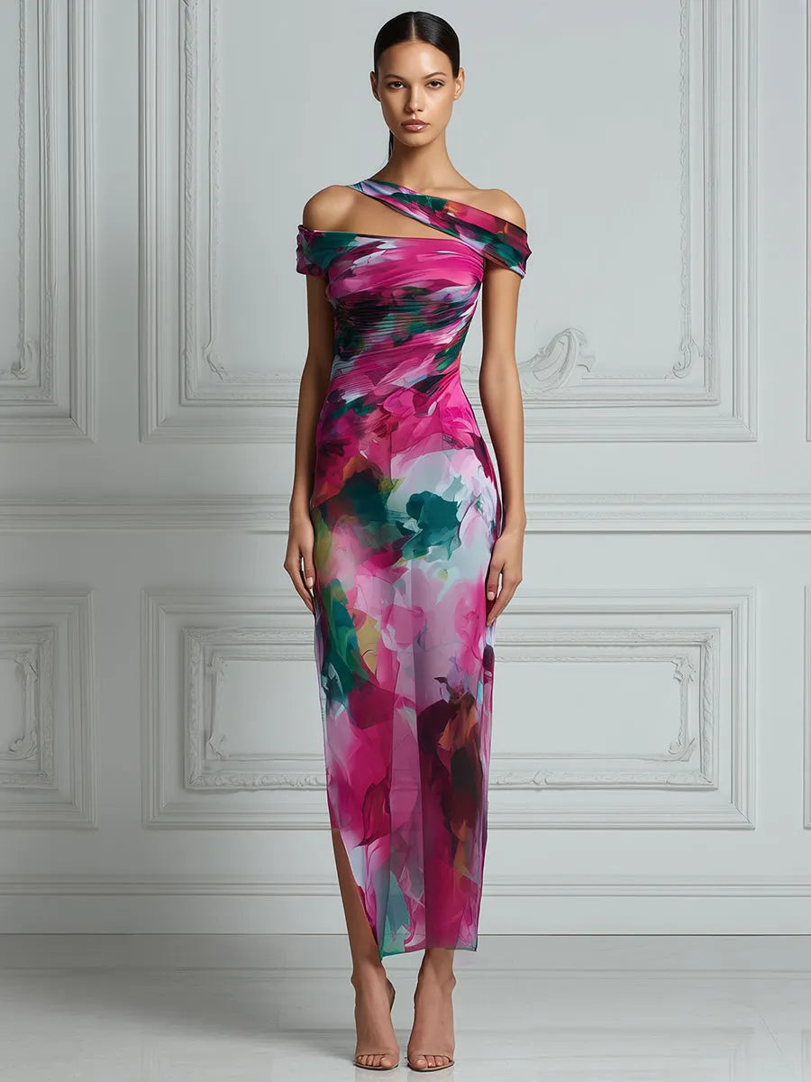 Asymmetric Off-Shoulder Watercolor Print Bodycon Midi Dress